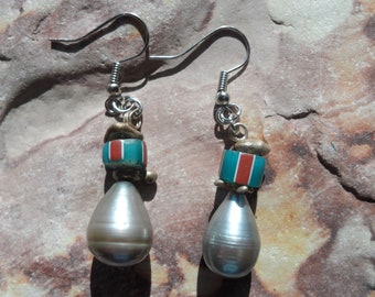 Silvery freshwater baroque pearls Venetian trade beads and fine silver dangle drop earrings