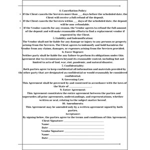 May include: A black and white document with text detailing a cancellation policy, liability, and confidentiality clauses. The document includes sections for signatures and dates, and is likely a legal agreement or contract.