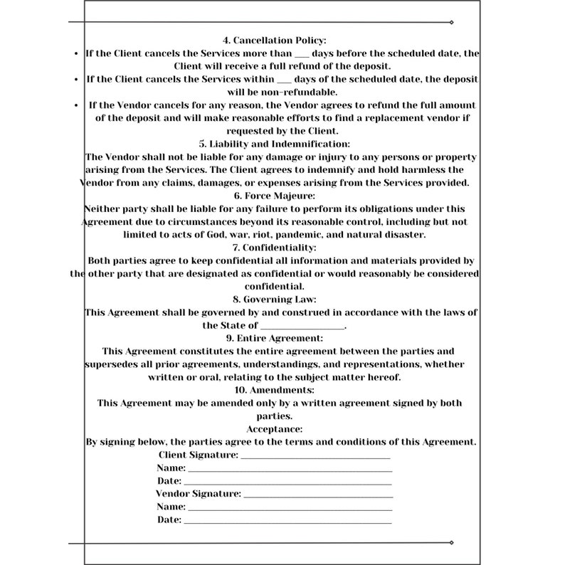 May include: A black and white document with text detailing a cancellation policy, liability, and confidentiality clauses. The document includes sections for signatures and dates, and is likely a legal agreement or contract.