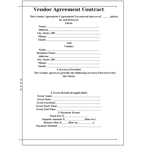 Editable & Printable Event Vendor Agreement Contract - Customizable Template for Simple Easy Use!