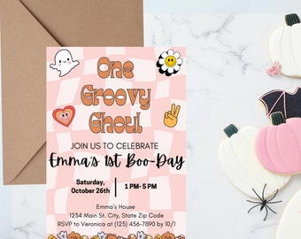 Groovy Ghoul Einladung zum 1. Geburtstag: Bearbeitbare Halloween Party (Digitaler Download)