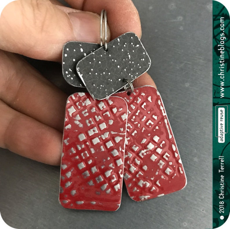 Deep Red /& Midnight Recycled Tin Earrings 30th Birthday Gift