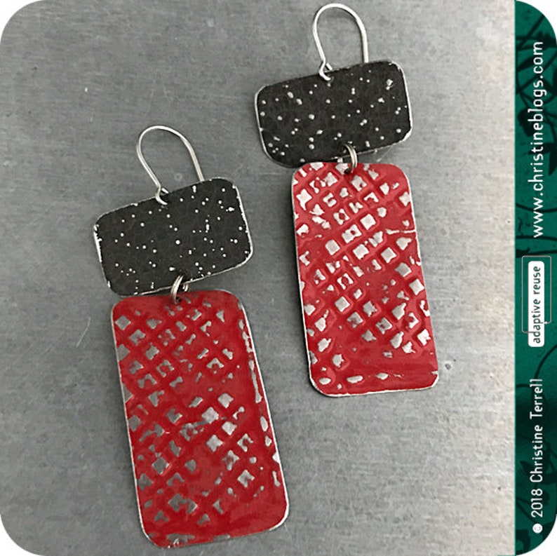 Deep Red /& Midnight Recycled Tin Earrings 30th Birthday Gift