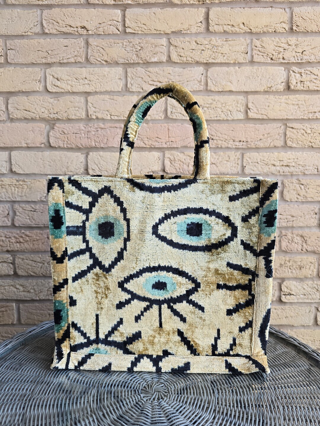 Ikat Velvet Beige Checkered Large Tote Bag