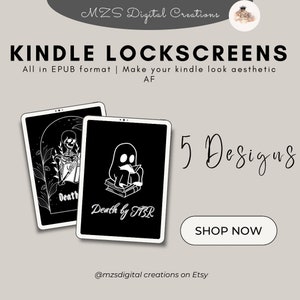 Puede incluir: Fondos de pantalla Kindle en blanco y negro con diseños góticos y temáticos de libros. La imagen presenta dos tabletas que muestran ilustraciones, incluyendo un esqueleto y un fantasma leyendo. El texto incluye "KINDLE LOCKSCREENS" y "SHOP NOW".