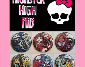 May include: A collection of Monster High pins featuring various characters. The pins are round with colorful illustrations of the characters. The background is black with the words "Monster High Pins" in white and pink.