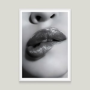 Glossy Lips Wall Art | Black and White Digital Download | Sexy Modern Poster for Bedroom, Living Room, Gallery Wall, Office
