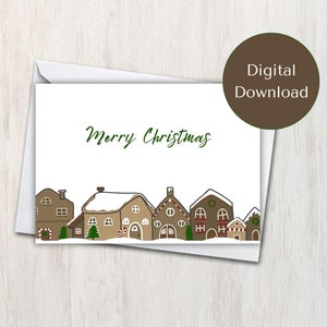 Hand Drawn &quot;Merry Christmas&quot; Gingerbread House Village Printable Card