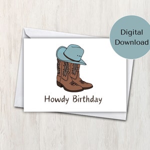 Carte de voeux « Hello Birthday » marron dessinées à la main avec chapeau de cowboy bleu (imprimable)