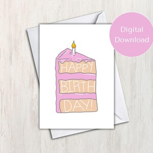 Carte de gâteau « Joyeux anniversaire » rose dessiné à la main (imprimable)