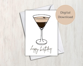 Handgetekende digitale kaart Espresso Martini "Happy Birthday" (afdrukbaar)