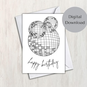 Carte numérique « Joyeux anniversaire » boules disco dessinées à la main (imprimable)