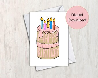 Carte numérique de gâteau « Joyeux anniversaire » rose dessiné main avec des bougies colorées (imprimable)