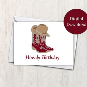 Bottines de cowboy rouges « Hello Birthday » dessinées à la main avec carte de chapeau de cowboy marron (imprimable)