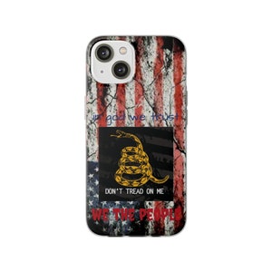 May include: A phone case with a distressed American flag design. The case features a yellow snake with the words "Don't Tread On Me" and "We The People".