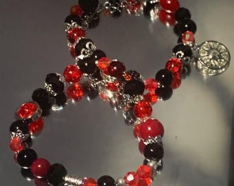Black and Blood Red Beaded Bracelet with silver charms and chains