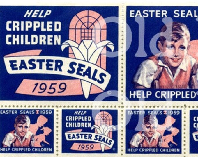 15 Vintage 1959 Easter Seals Stamp Sheet Lovely Graphics Excellent