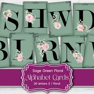 Cartões do alfabeto verde sábio, etiquetas de letras florais rosa, coisas efêmeras para impressão, kit de artesanato para diário de lixo, enfeites digitais Boho Chic, álbum de recortes