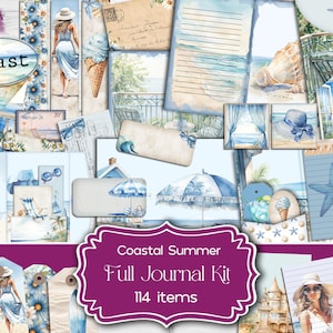 Kit completo do Coastal Summer Junk Journal, coisas efêmeras de férias à beira-mar, mega pacote para impressão de férias, vista para a praia azul e branca, álbum de recortes, artesanato em papel