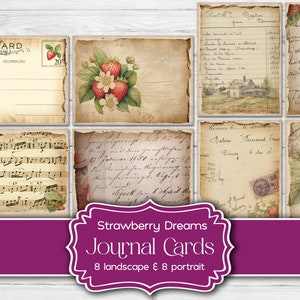 Cartes de journal indésirable Strawberry Dreams, 16 cartes postales éphémères, créations en papier éphémères imprimables, campagne chic vintage, lettres de scrapbooking