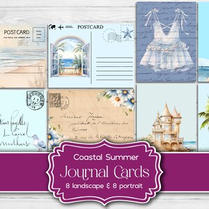Tarjetas digitales de diario basura de verano costero, 16 postales de vacaciones en la playa, Imprimible de vacaciones con vistas al mar, Arte de papel junto al mar azul y blanco
