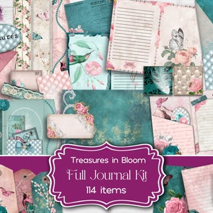 Kit completo de diário de lixo Treasures in Bloom, pássaros brilham coisas efêmeras, mega pacote de borboletas de pérolas para impressão, artesanato de papel rosa turquesa