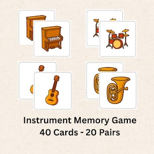 May include: Instrument Memory Game with 40 cards and 20 pairs. The game features illustrations of musical instruments, including a piano, drums, guitar, and tuba. The cards are on a cream-colored background.