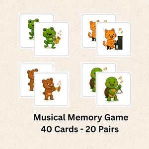 Könnte beinhalten: Ein musikalisches Memory-Spiel mit 40 Karten und 20 Paaren. Die Karten zeigen Zeichentricktiere, die Musikinstrumente spielen: ein Frosch mit einem Saxophon, eine Katze am Klavier, ein Bär mit einer Trompete und eine Schildkröte mit einem Triangel.