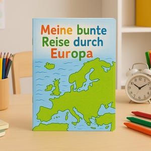Puede incluir: Un libro infantil titulado "Meine bunte Reise durch Europa" con un mapa de Europa en verde sobre fondo azul. Lápices de colores, ceras y un pequeño despertador están sobre la mesa.