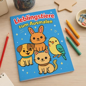 Puede incluir: Un libro para colorear azul titulado "Lieblingstiere zum Ausmalen" con animales de dibujos animados: un perro, un conejo, un gato y un pájaro. Los crayones amarillos, naranjas y verdes están al lado del libro, junto con un lápiz rojo.