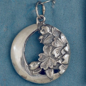 Crescent Moon with Cherry Blossoms Sterling Silver Pendant Charm