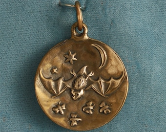 Bat Chasing Moths Under the Moon Art Nouveau Bronze Pendant Charm