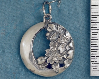 Crescent Moon with Cherry Blossoms Sterling Silver Pendant Charm