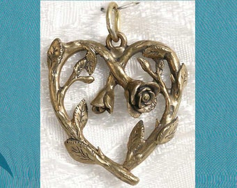 Large Rose Vine Heart Bronze Pendant Charm