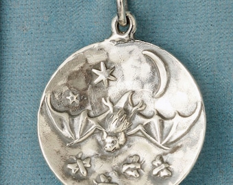 Bat Chasing Moths Under the Moon Art Nouveau Sterling Silver Pendant Charm