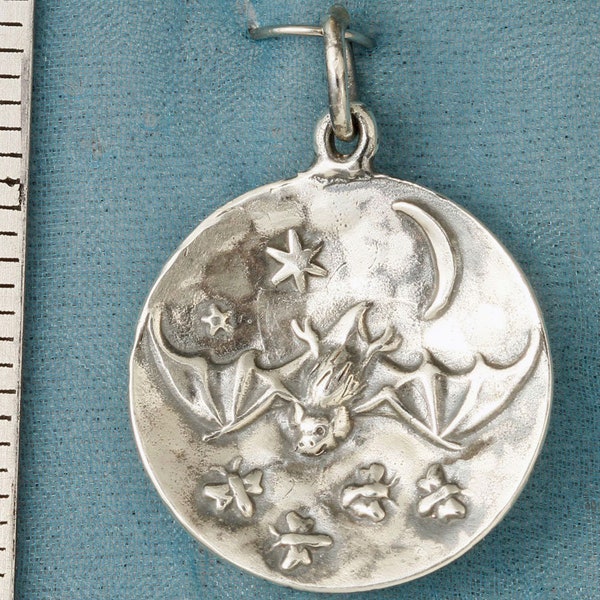 Bat Chasing Moths Under the Moon Art Nouveau Sterling Silver Pendant Charm
