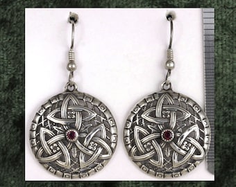 Celtic Knot Circle Set With Faceted Garnets Sterling Silver Dangle Earrings