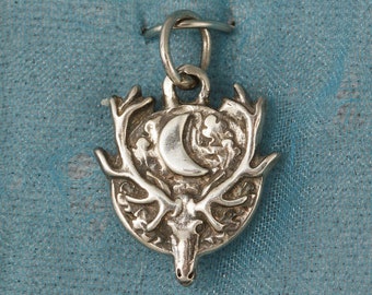 Small Celtic Stag With Crescent Moon Sterling Silver Pendant Charm