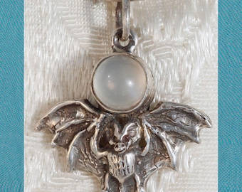 Bat, Wings Displayed Sterling Silver Set With Moonstone Pendant Charm