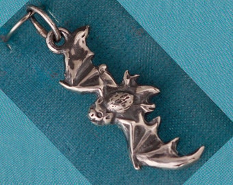 3D Double Sided Small Flying Bat Sterling Silver Pendant Charm