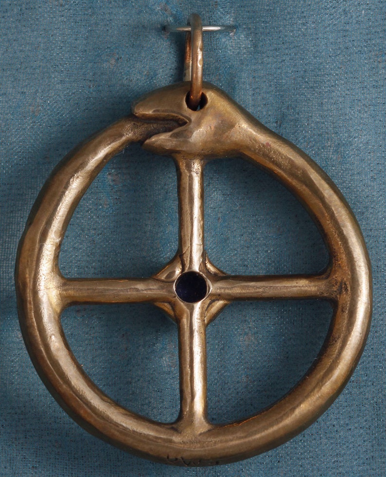 Large Ouroboros Jormungandr Midgard Serpent Snake Dragon Solar Sun Cross Bronze Pendant Set With a Lapis Lazuli