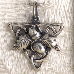 Acorns and Oak Leaves on a Celtic Triple Triangle Sterling Silver Pendant Charm