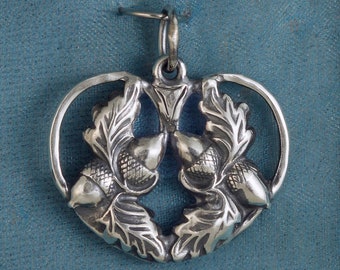 Acorns and Oak Leaf Heart Sterling Silver Pendant Charm