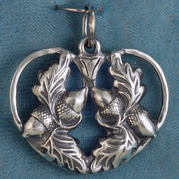 Acorns and Oak Leaf Heart Sterling Silver Pendant Charm