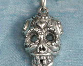 Day of the Dead Skull Sterling Silver Pendant Charm