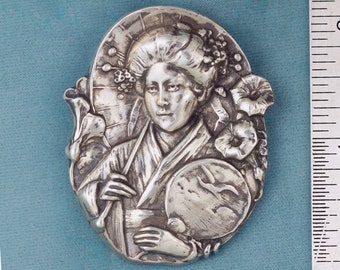 Large Western Geisha Sterling Silver Brooch Pin Pendant