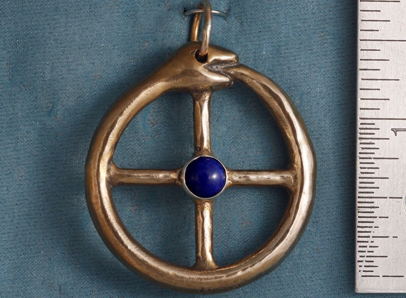 Large Ouroboros Jormungandr Midgard Serpent Snake Dragon Solar Sun Cross Bronze Pendant Set With a Lapis Lazuli