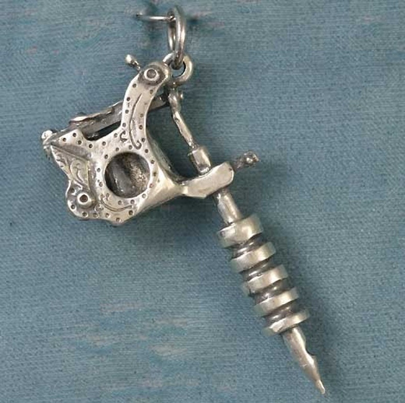 Large Tattoo Gun Machine Sterling Silver Pendant image 2