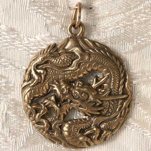 Large Round Dragon with Mount Fuji Bronze Pendant