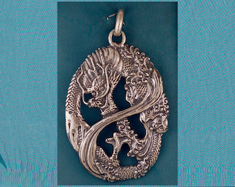 Very Large Water Dragon Oval Sterling Silver Pendant